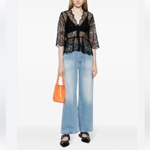 GANNI LIGHT LACE V NECK BLOUSE - BLACK